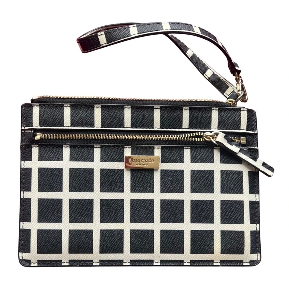 Kate Spade Womens Grid Wristlet Clutch Wallet Black White Zip Pouch